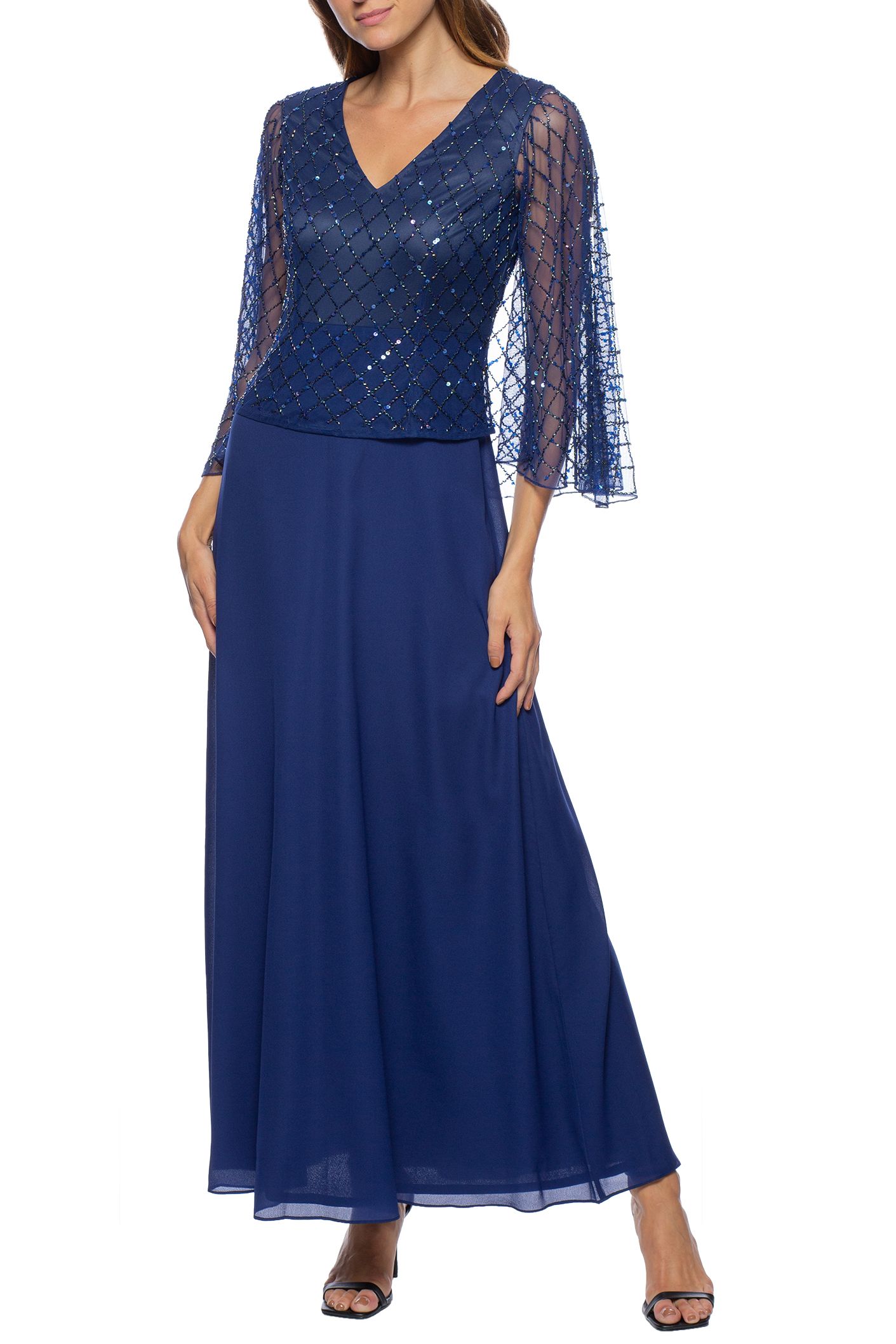 Marina Long Sleeve Beaded Capelet Chiffon Dress