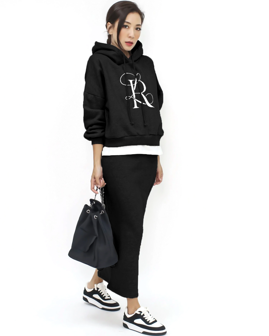 black embellished hoodie sweatshirt & skirt set *pre-order*