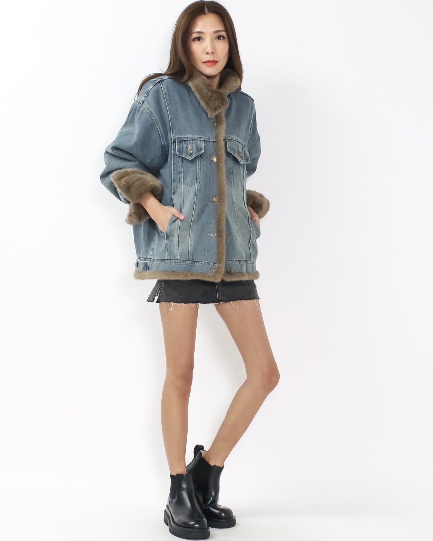 denim faux fur jacket *pre-order*
