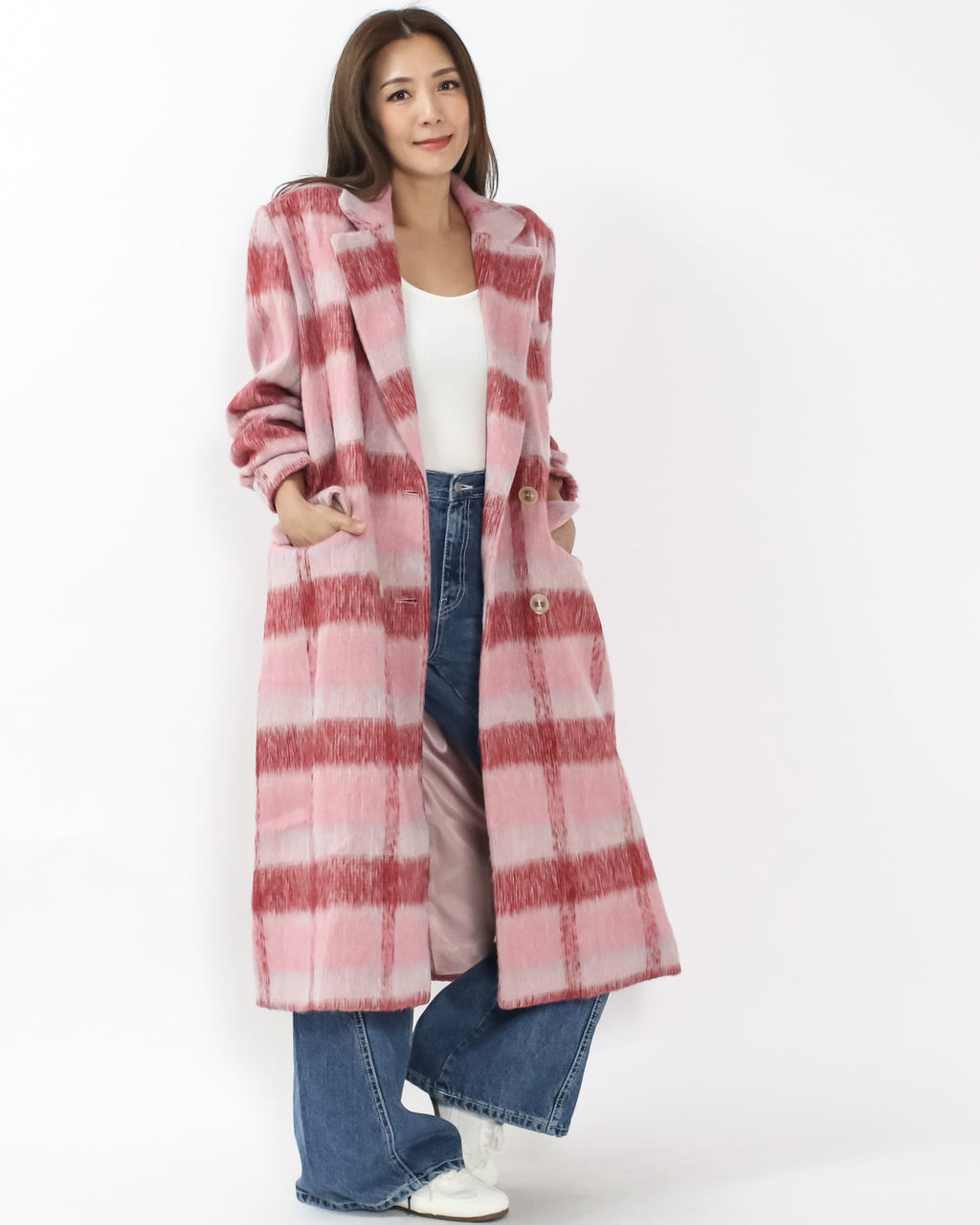 pink & ivory checkers wool blended longline jacket *pre-order*