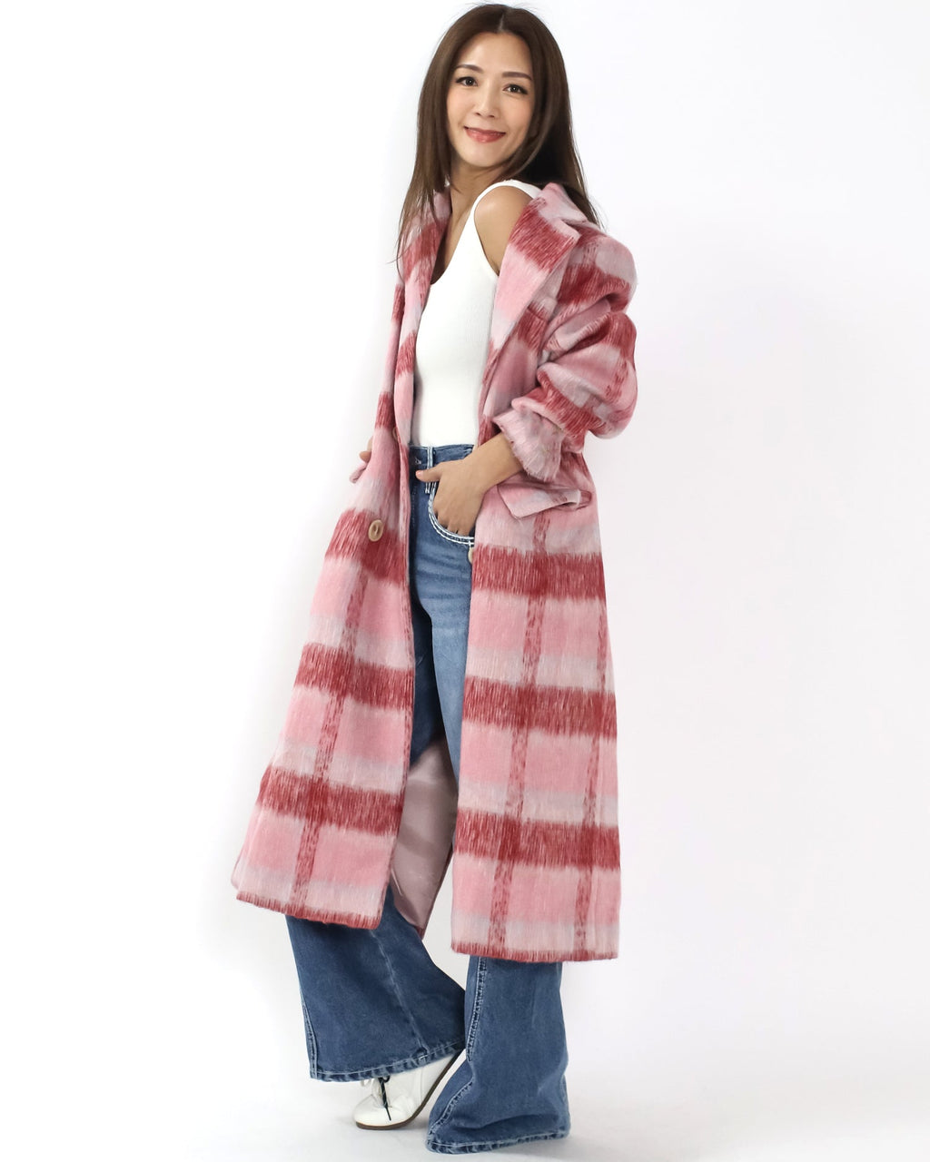 pink & ivory checkers wool blended longline jacket *pre-order*
