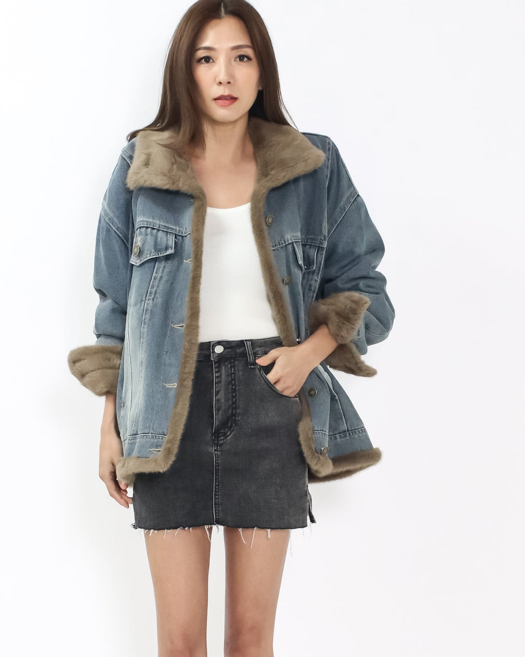denim faux fur jacket *pre-order*