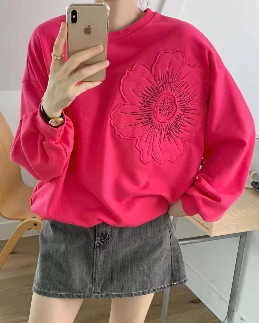 pink embroidered flower sweatshirt *pre-order*