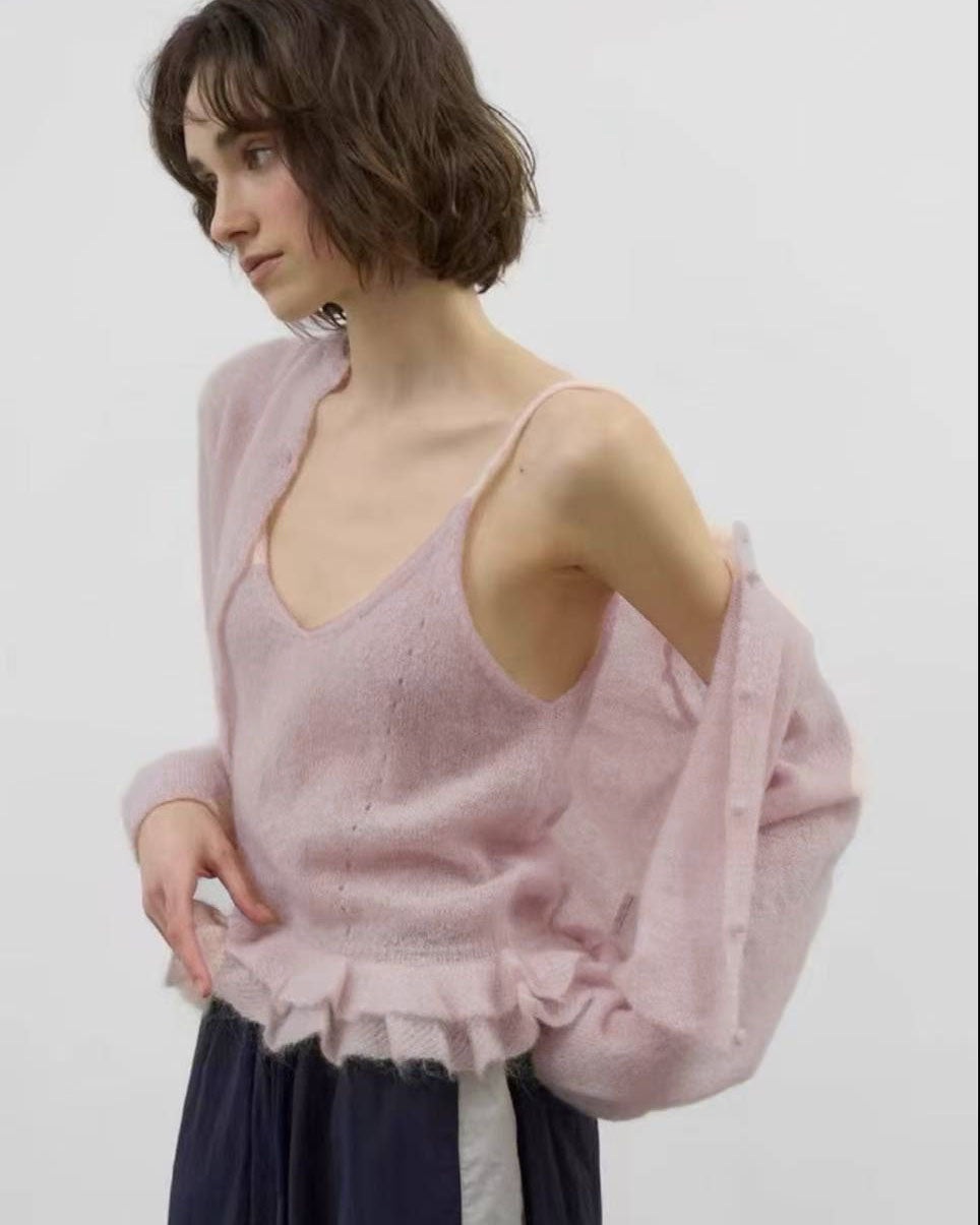 pink mohair ruffles hem slip w/ cardigan set *pre-order*