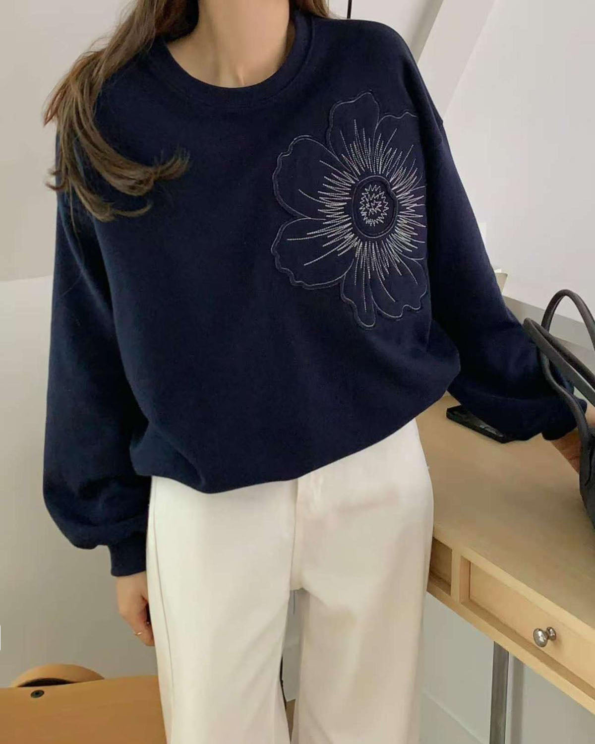navy embroidered flower sweatshirt *pre-order*