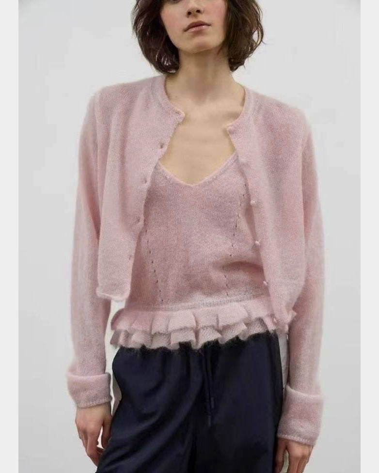 pink mohair ruffles hem slip w/ cardigan set *pre-order*
