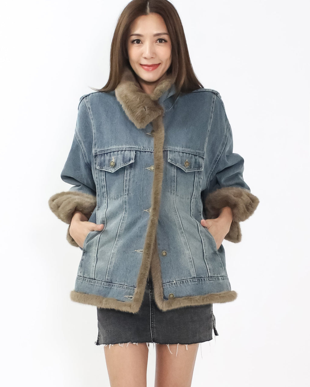 denim faux fur jacket *pre-order*