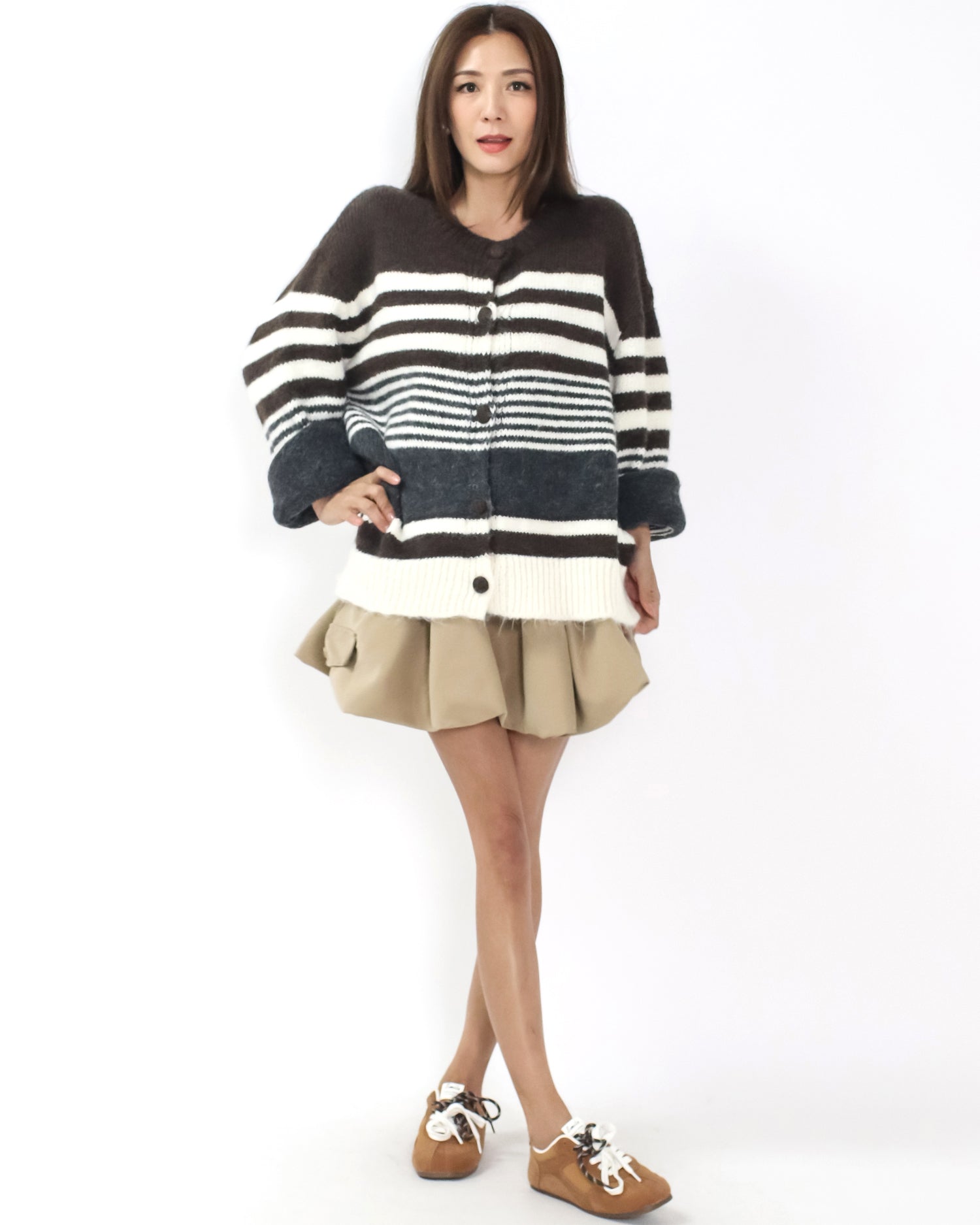 brown ivory and grey stripe knitted cardigan *pre-order*
