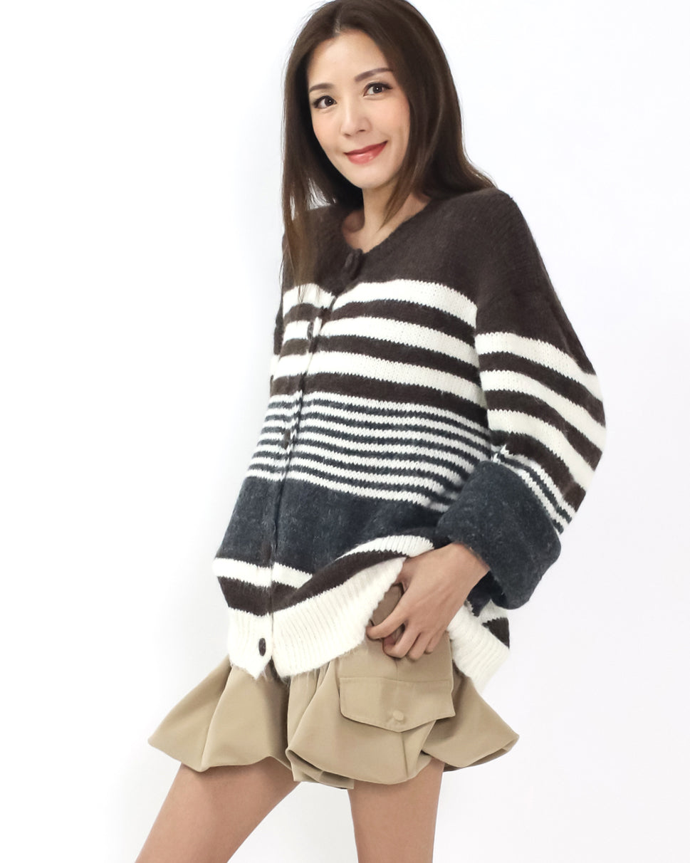 brown ivory and grey stripe knitted cardigan *pre-order*