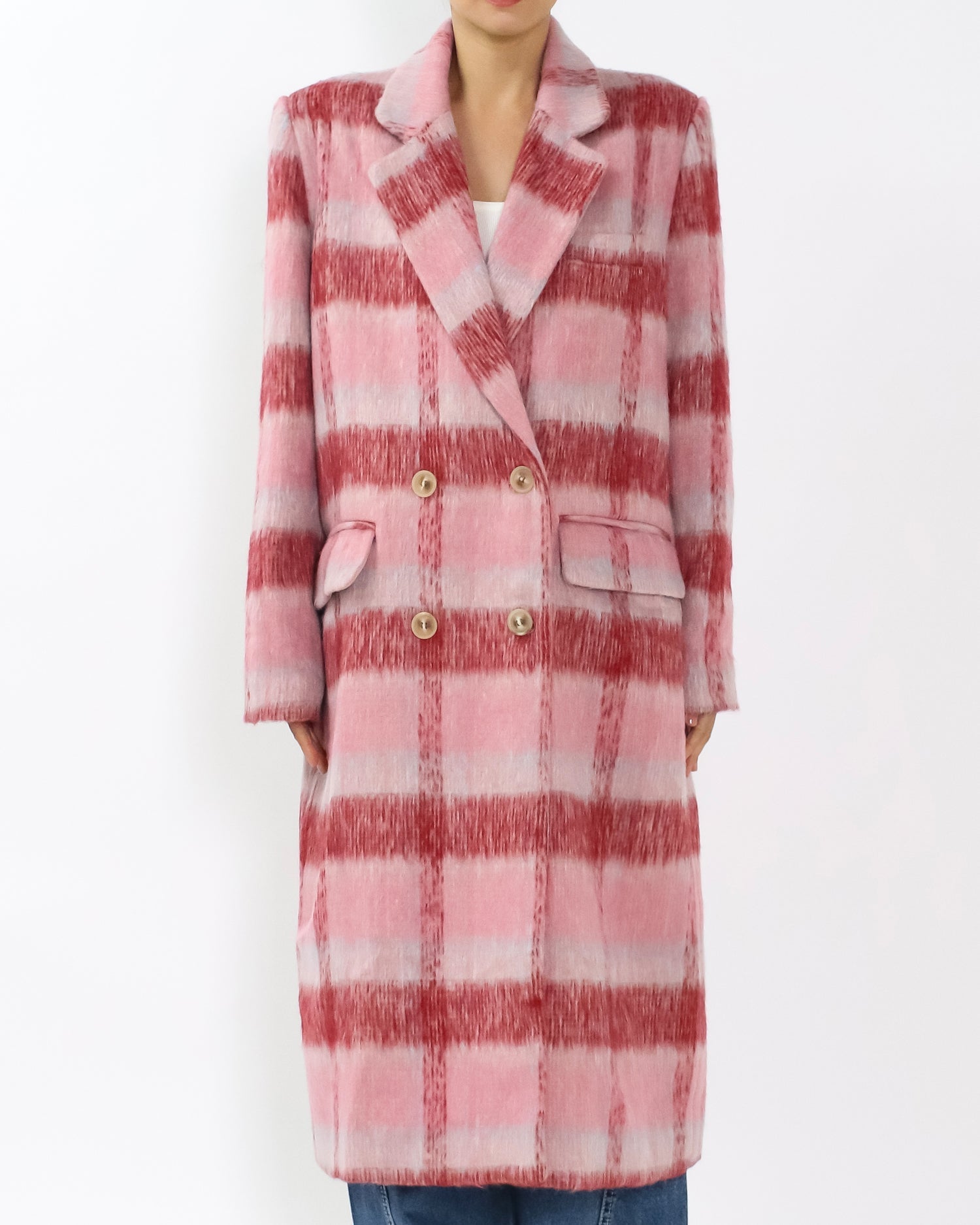 pink & ivory checkers wool blended longline jacket *pre-order*