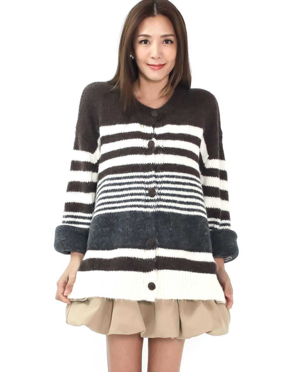 brown ivory and grey stripe knitted cardigan *pre-order*