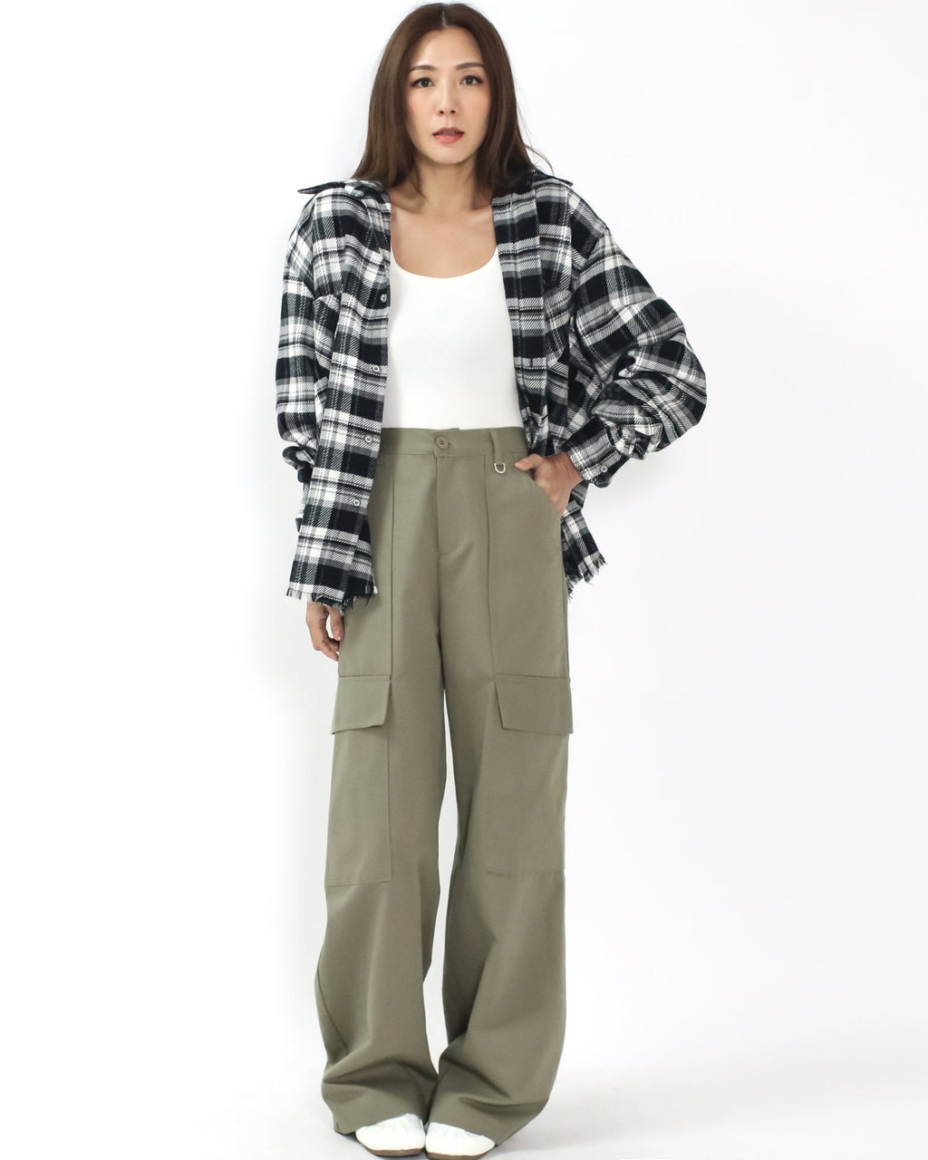 black & ivory checkers tassels hem shirt *pre-order*