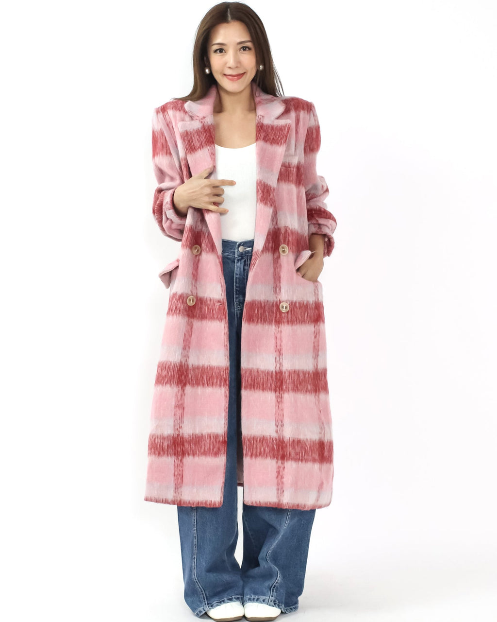pink & ivory checkers wool blended longline jacket *pre-order*