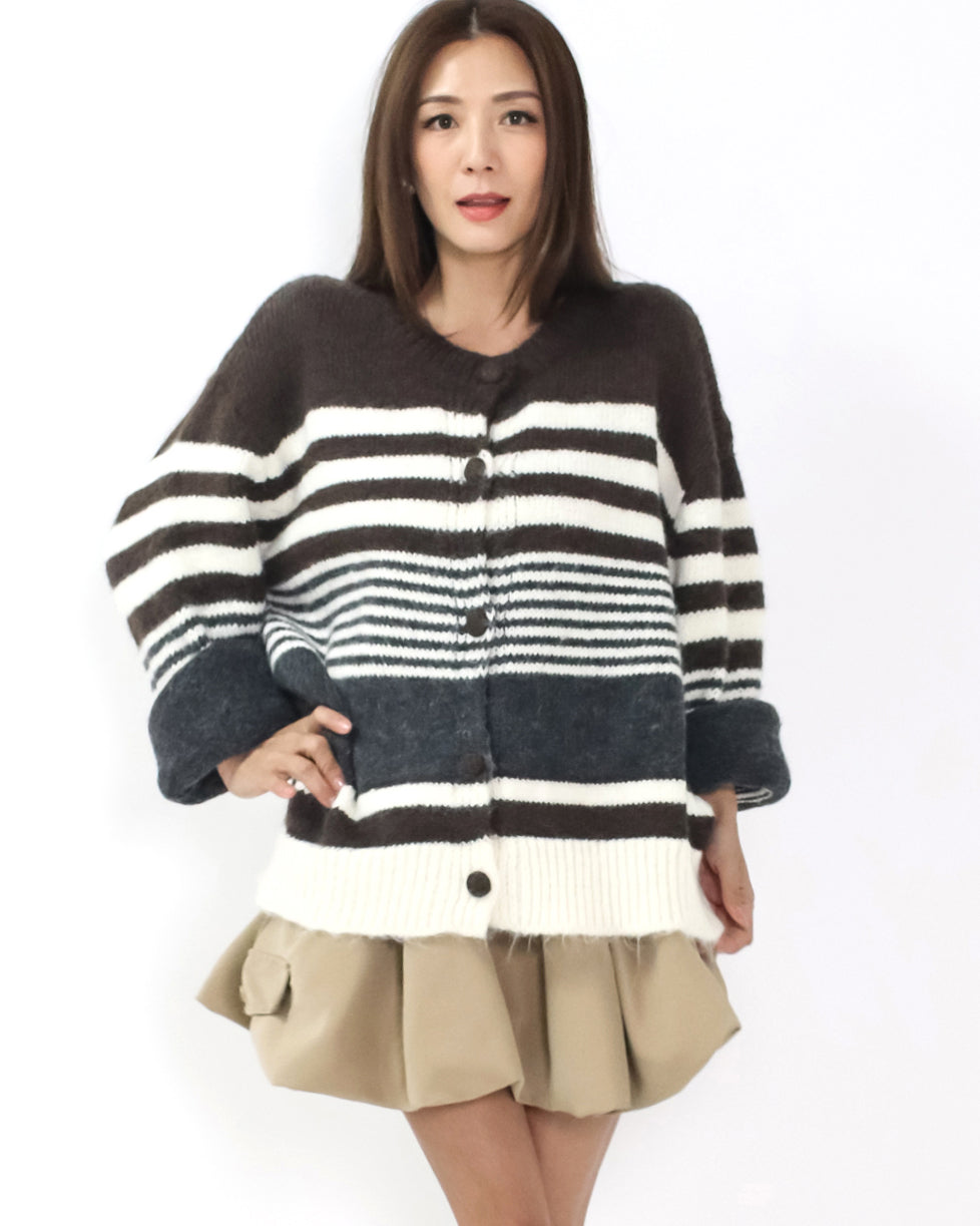 brown ivory and grey stripe knitted cardigan *pre-order*