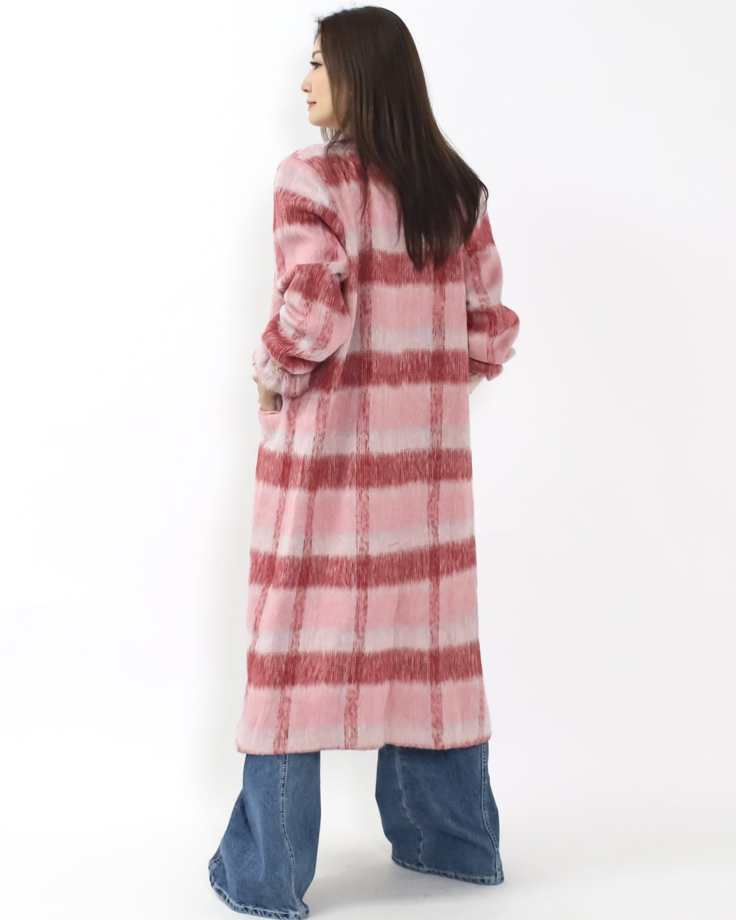 pink & ivory checkers wool blended longline jacket *pre-order*