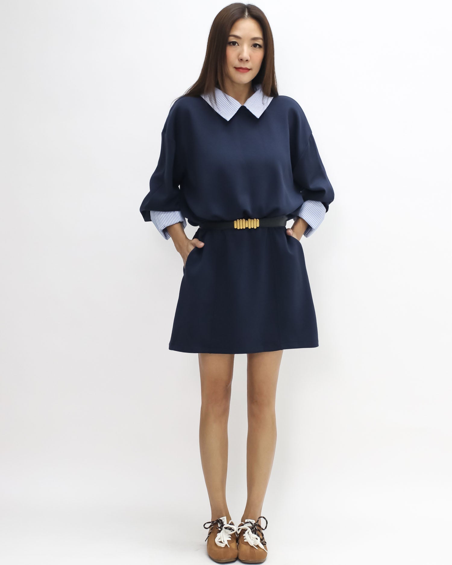navy neoprene with blue stripes shirt collar & cuffs dress *pre-order*