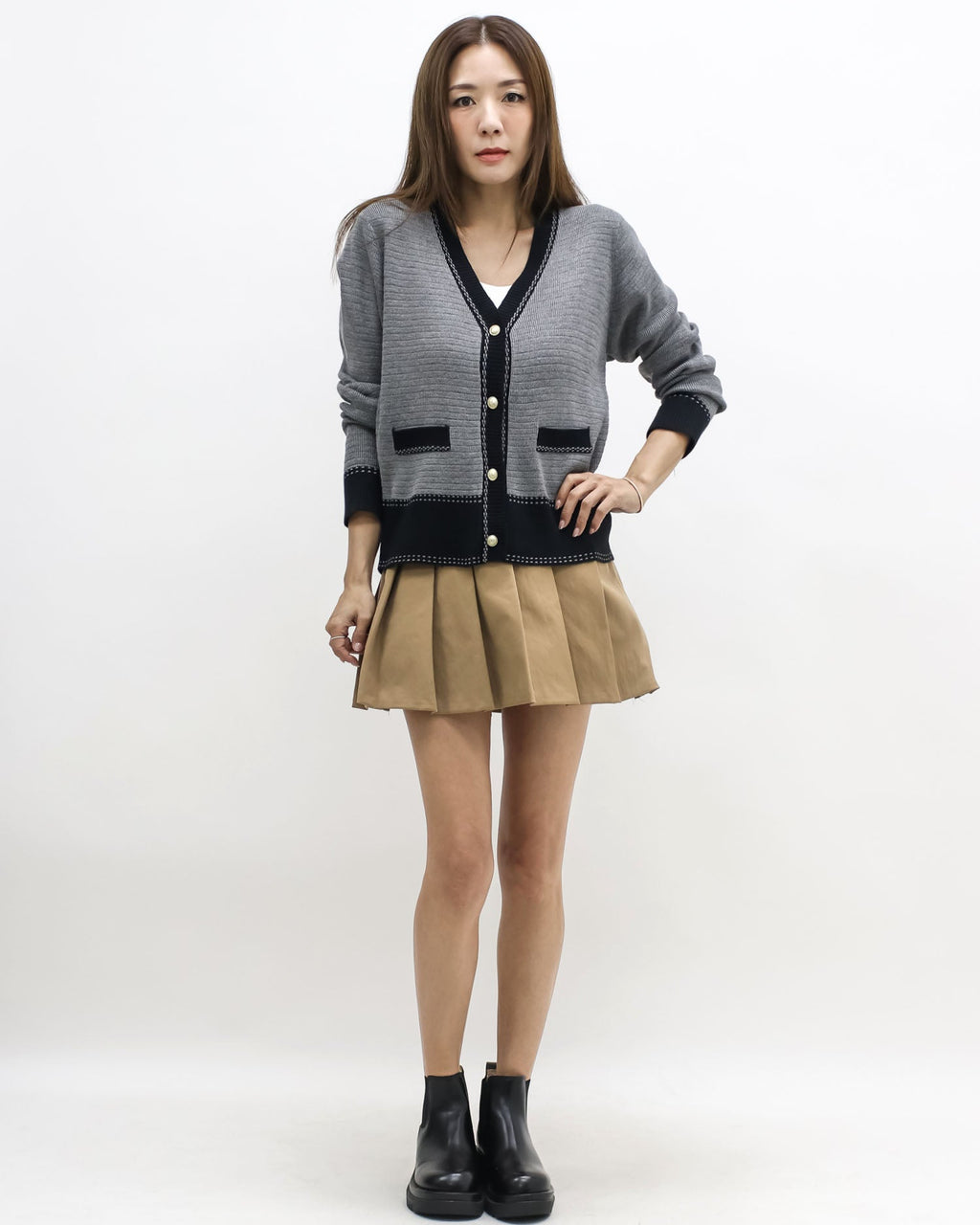 grey & black trim knitted cardigan *pre-order*
