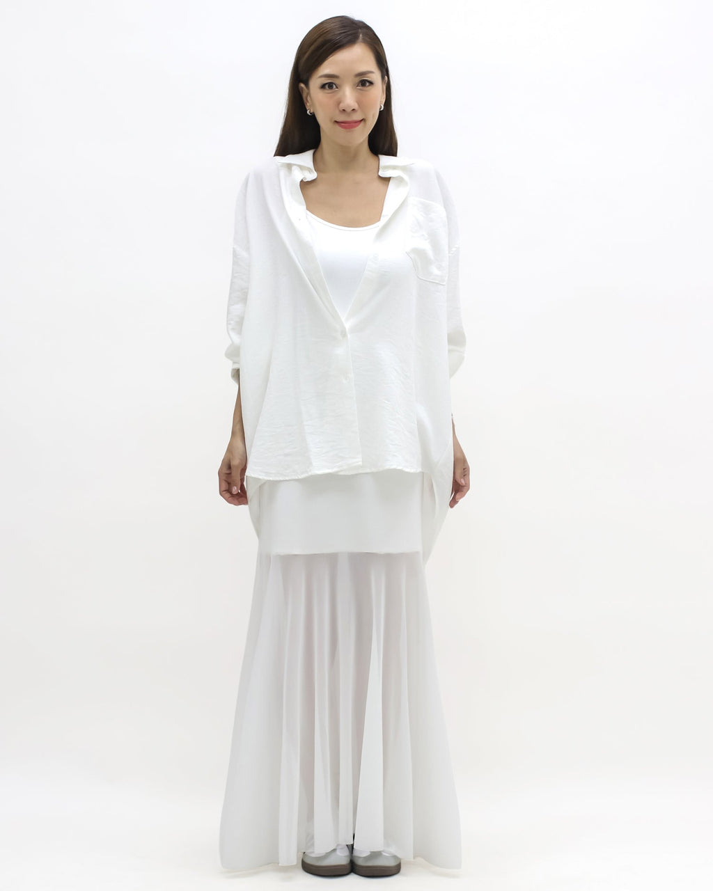 ivory shirt & longline mesh hem slip dress set