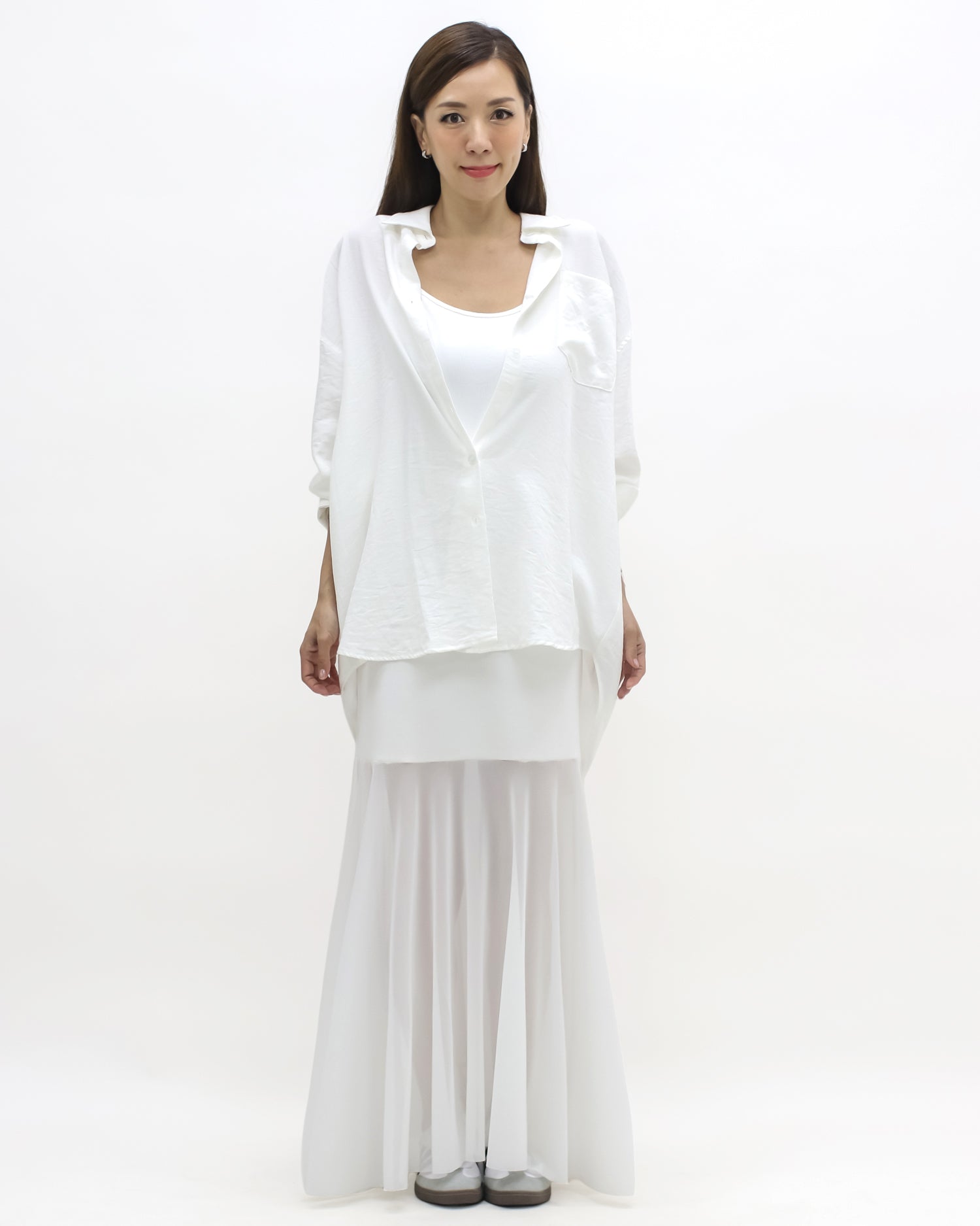 ivory shirt & longline mesh hem slip dress set