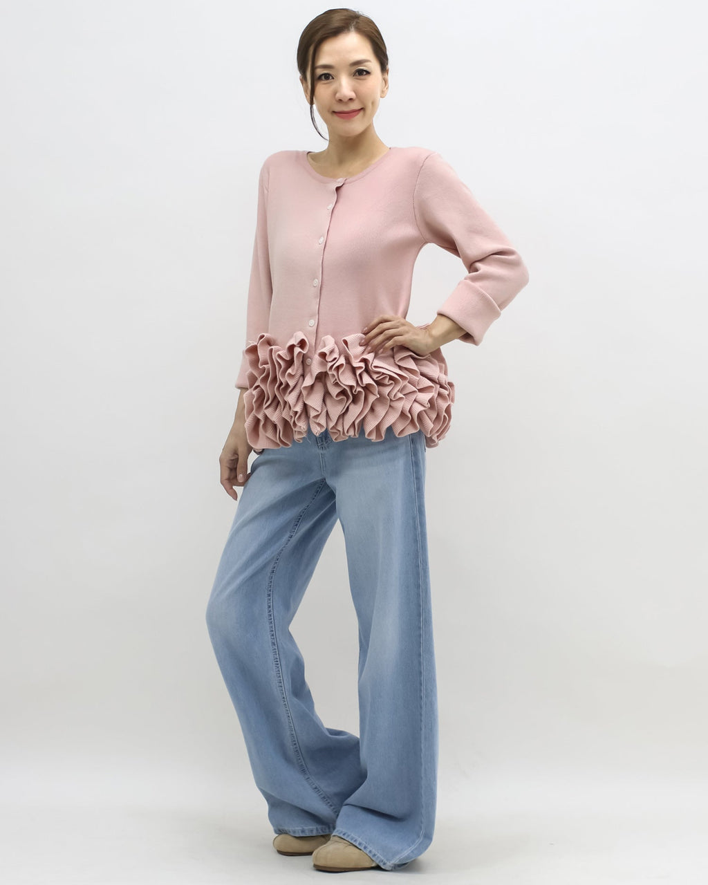 pink ruffles hem knitted top
