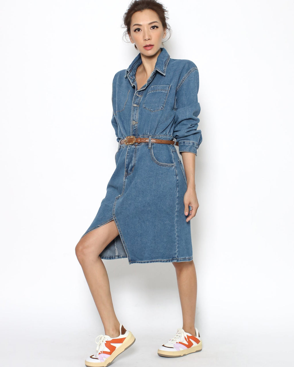denim split front dress *pre-order*