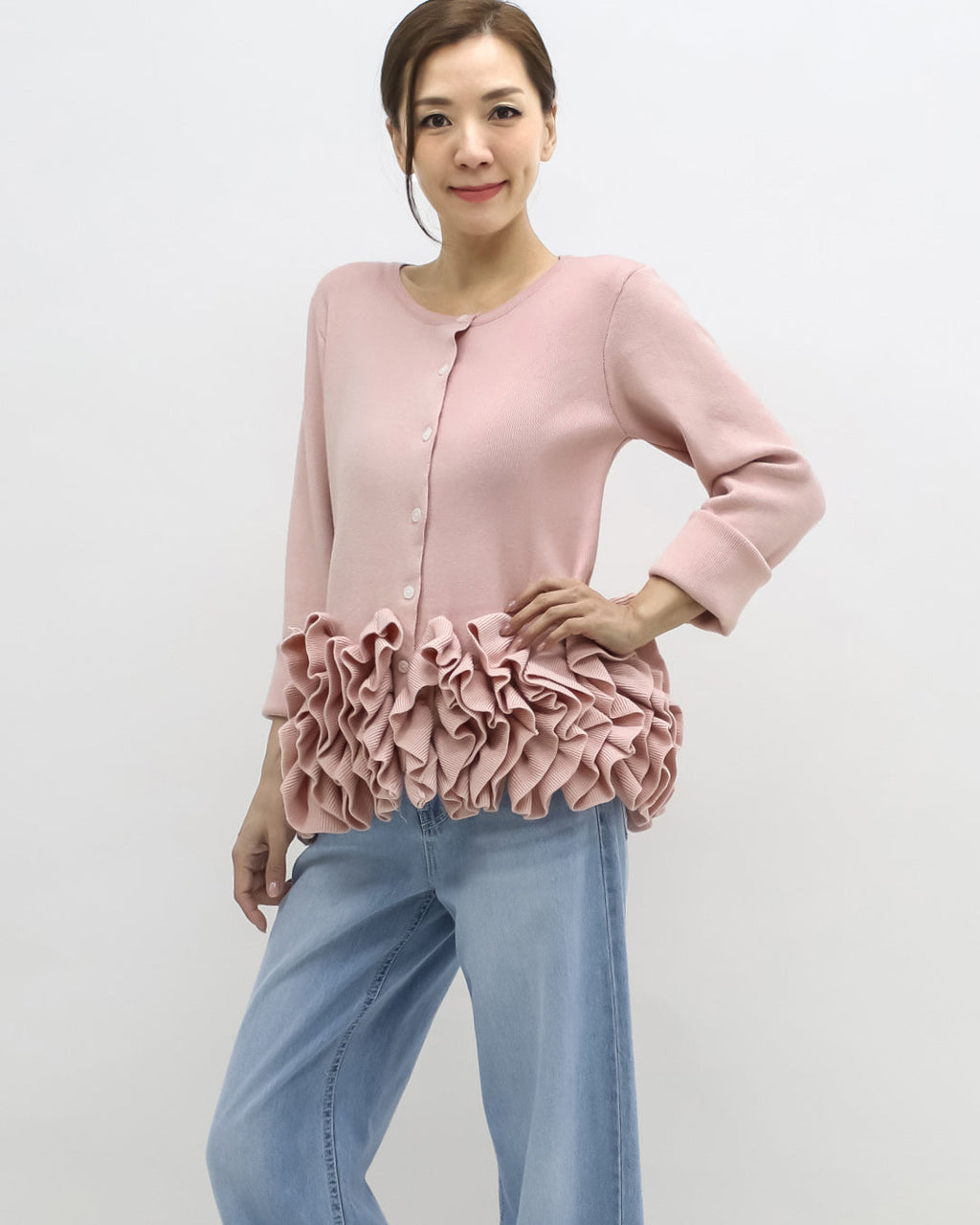 pink ruffles hem knitted top