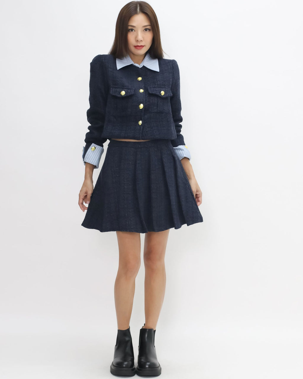 navy tweed blue stripes shirt collar & cuffs w/ pleats skirt set *pre-order*