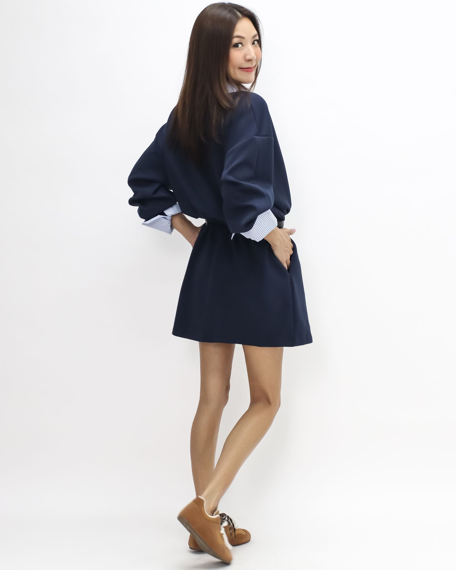 navy neoprene with blue stripes shirt collar & cuffs dress *pre-order*