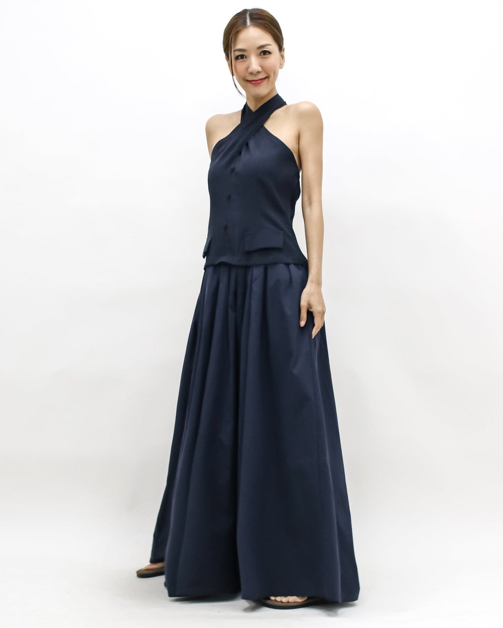 navy halter neck flare shirt longline dress *pre-order*