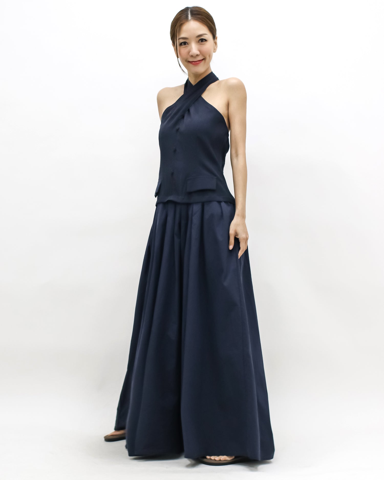 navy halter neck flare shirt longline dress *pre-order*