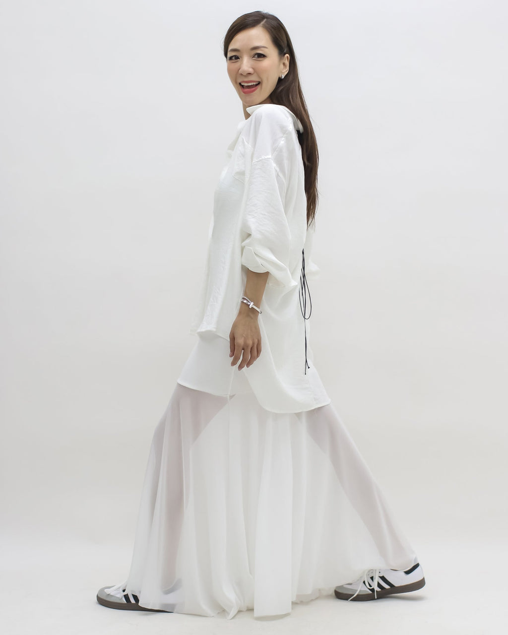 ivory shirt & longline mesh hem slip dress set