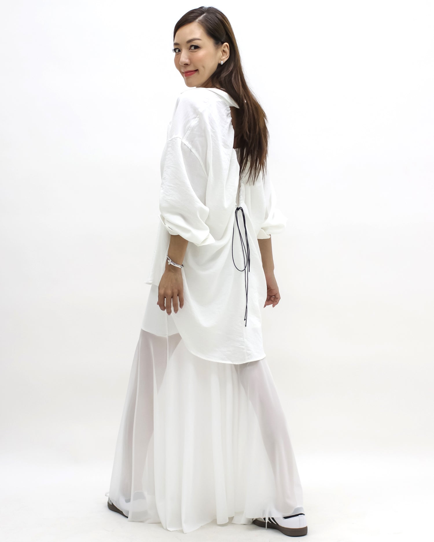 ivory shirt & longline mesh hem slip dress set