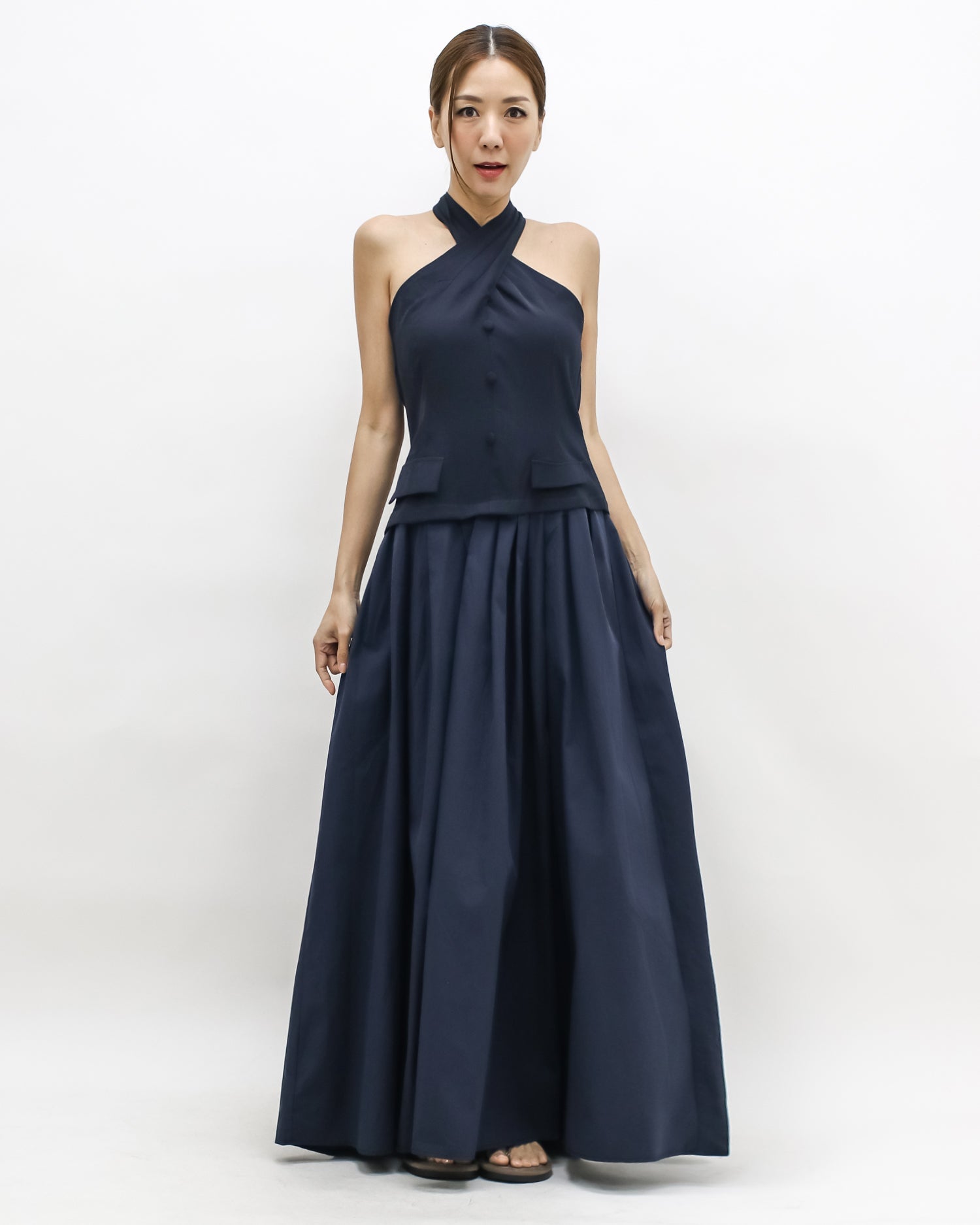navy halter neck flare shirt longline dress *pre-order*