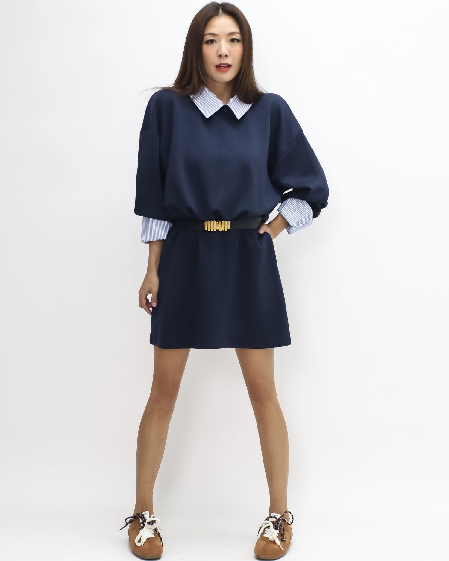 navy neoprene with blue stripes shirt collar & cuffs dress *pre-order*