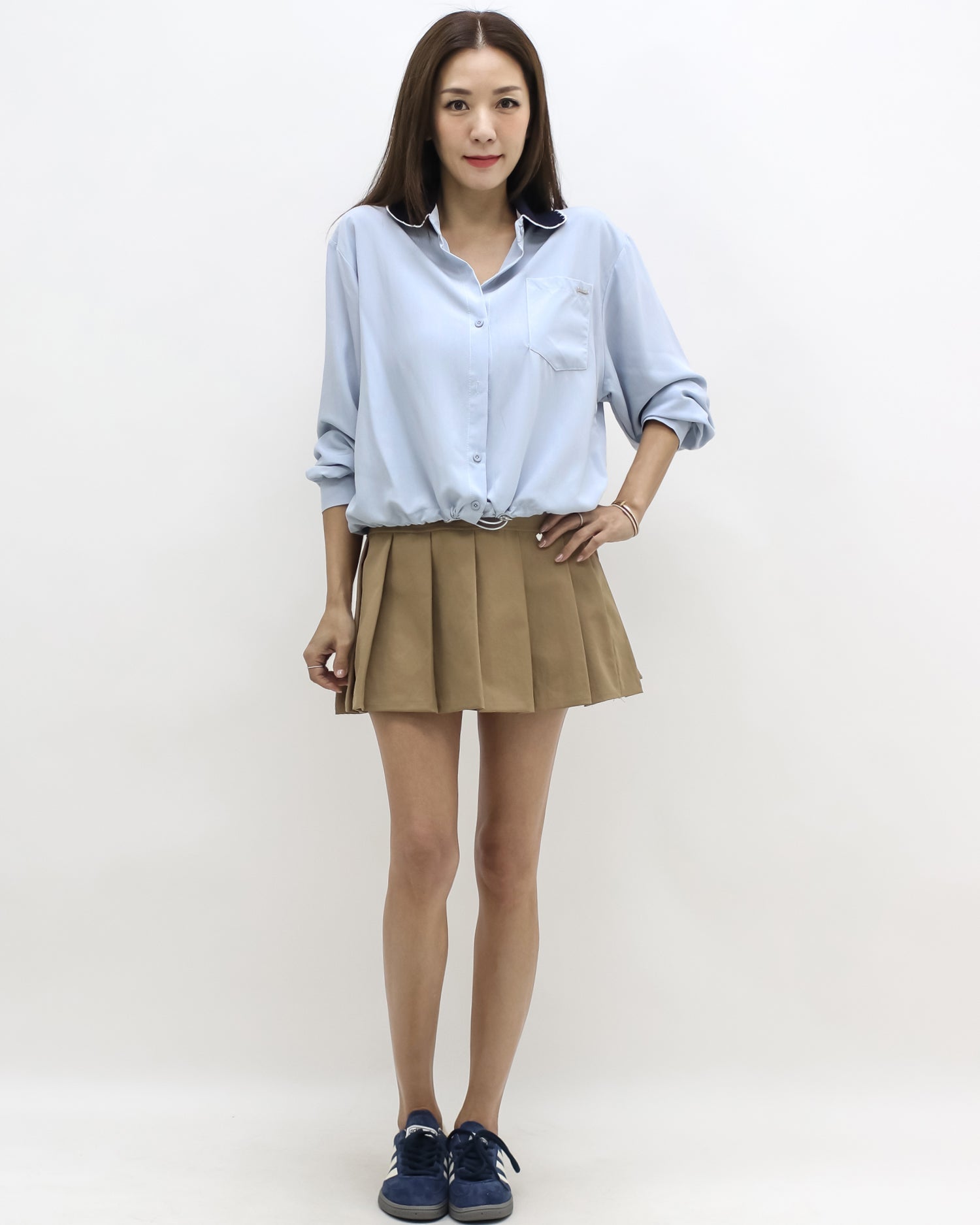 blue shirt w/ navy knitted collar