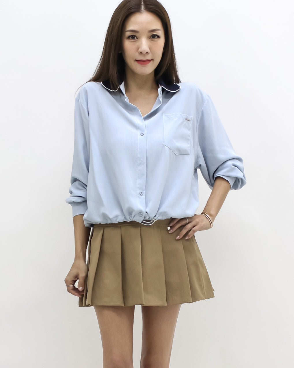 blue shirt w/ navy knitted collar
