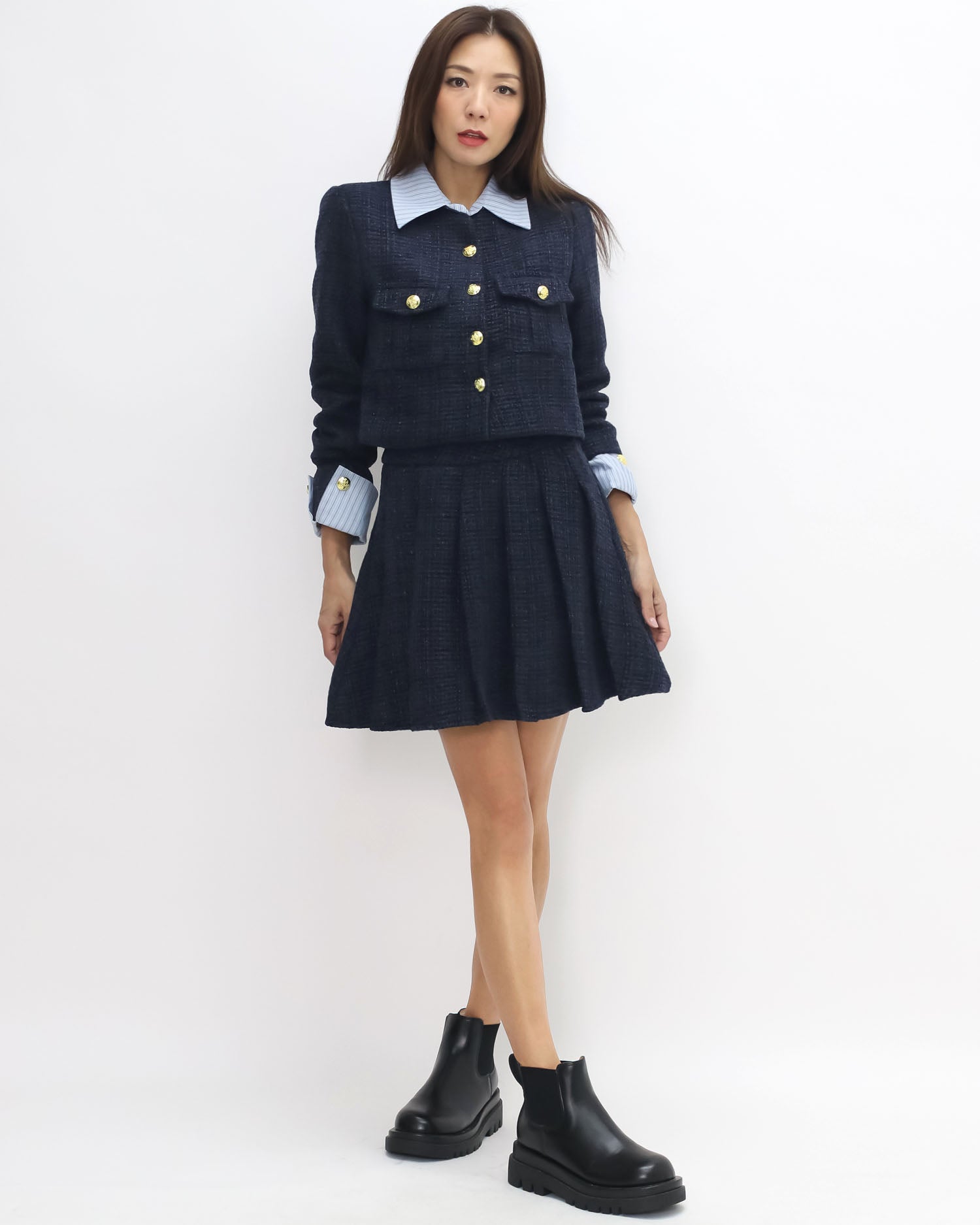 navy tweed blue stripes shirt collar & cuffs w/ pleats skirt set *pre-order*