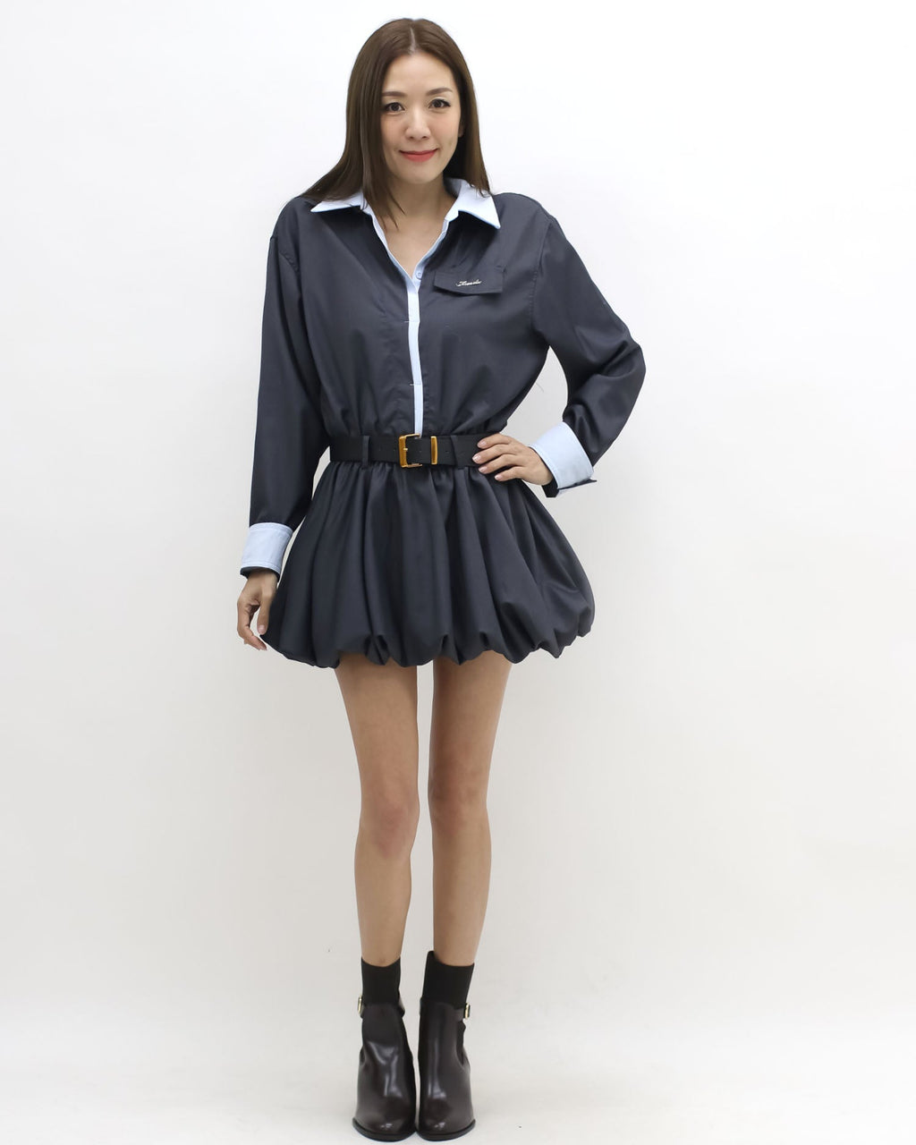 dark grey w/ bule shirt layer top & shorts set w/ belt