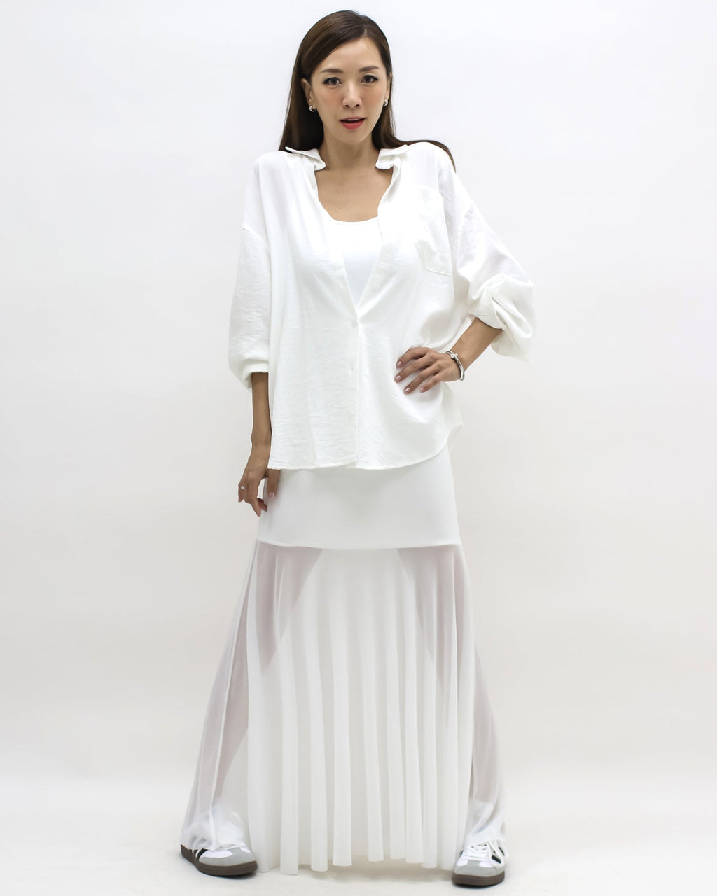 ivory shirt & longline mesh hem slip dress set