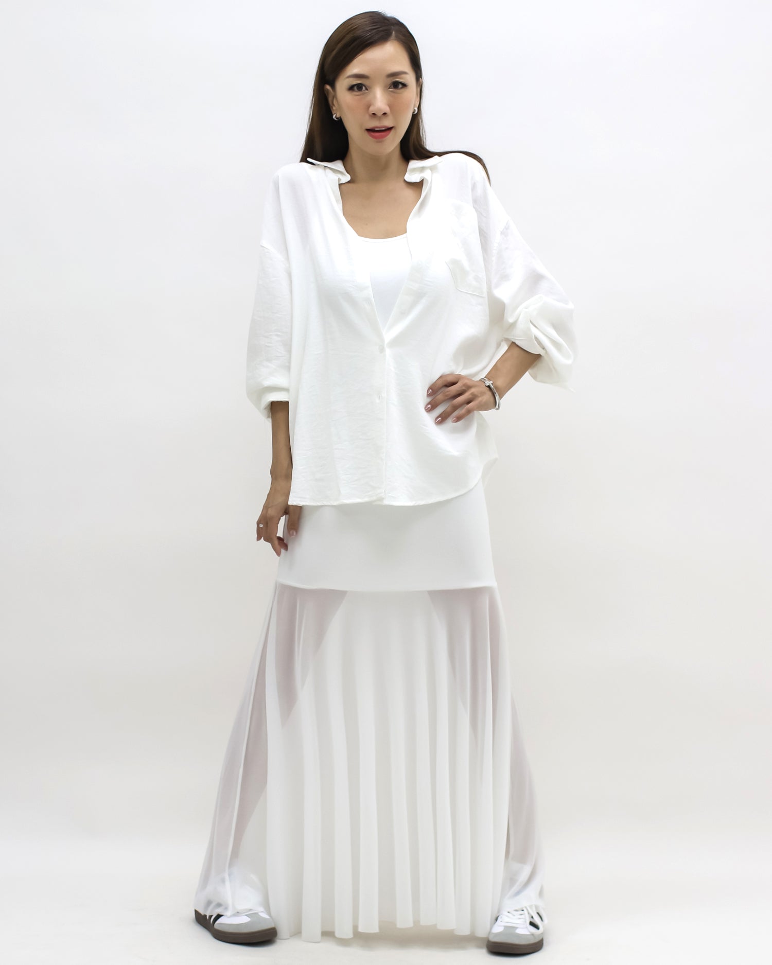 ivory shirt & longline mesh hem slip dress set