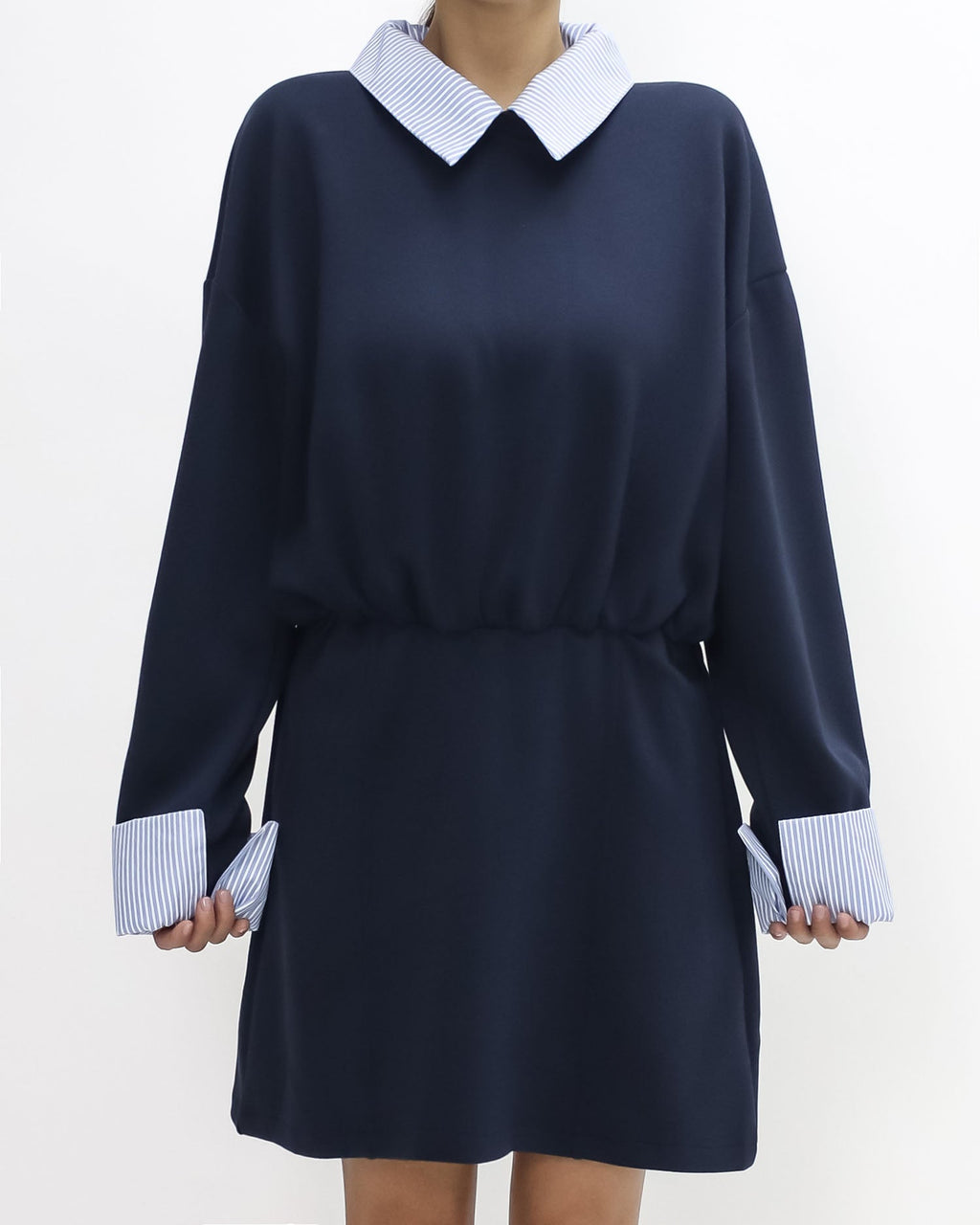 navy neoprene with blue stripes shirt collar & cuffs dress *pre-order*