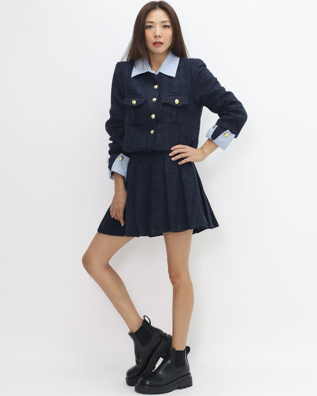 navy tweed blue stripes shirt collar & cuffs w/ pleats skirt set *pre-order*