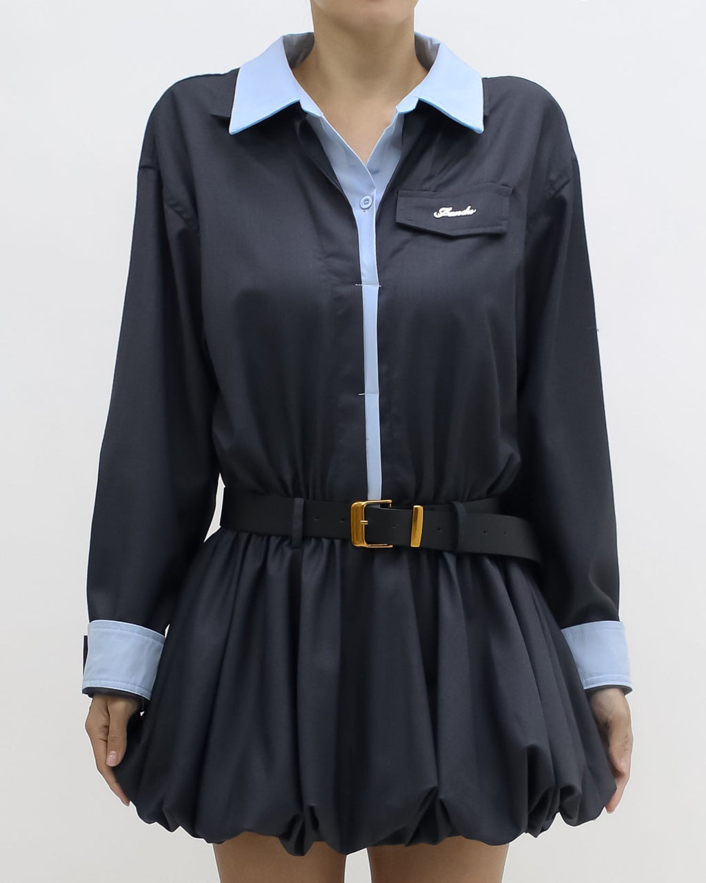 dark grey w/ bule shirt layer top & shorts set w/ belt