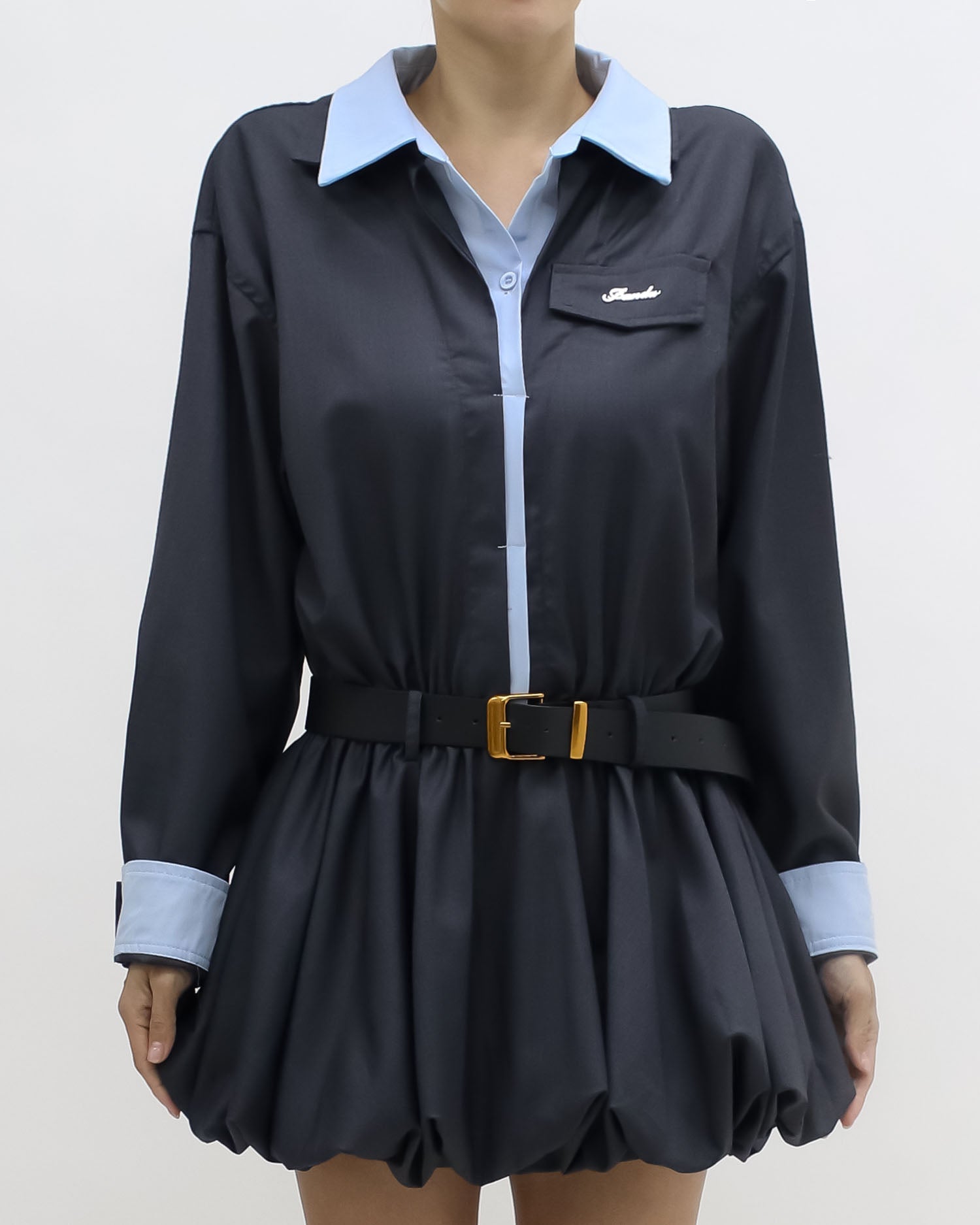 dark grey w/ bule shirt layer top & shorts set w/ belt