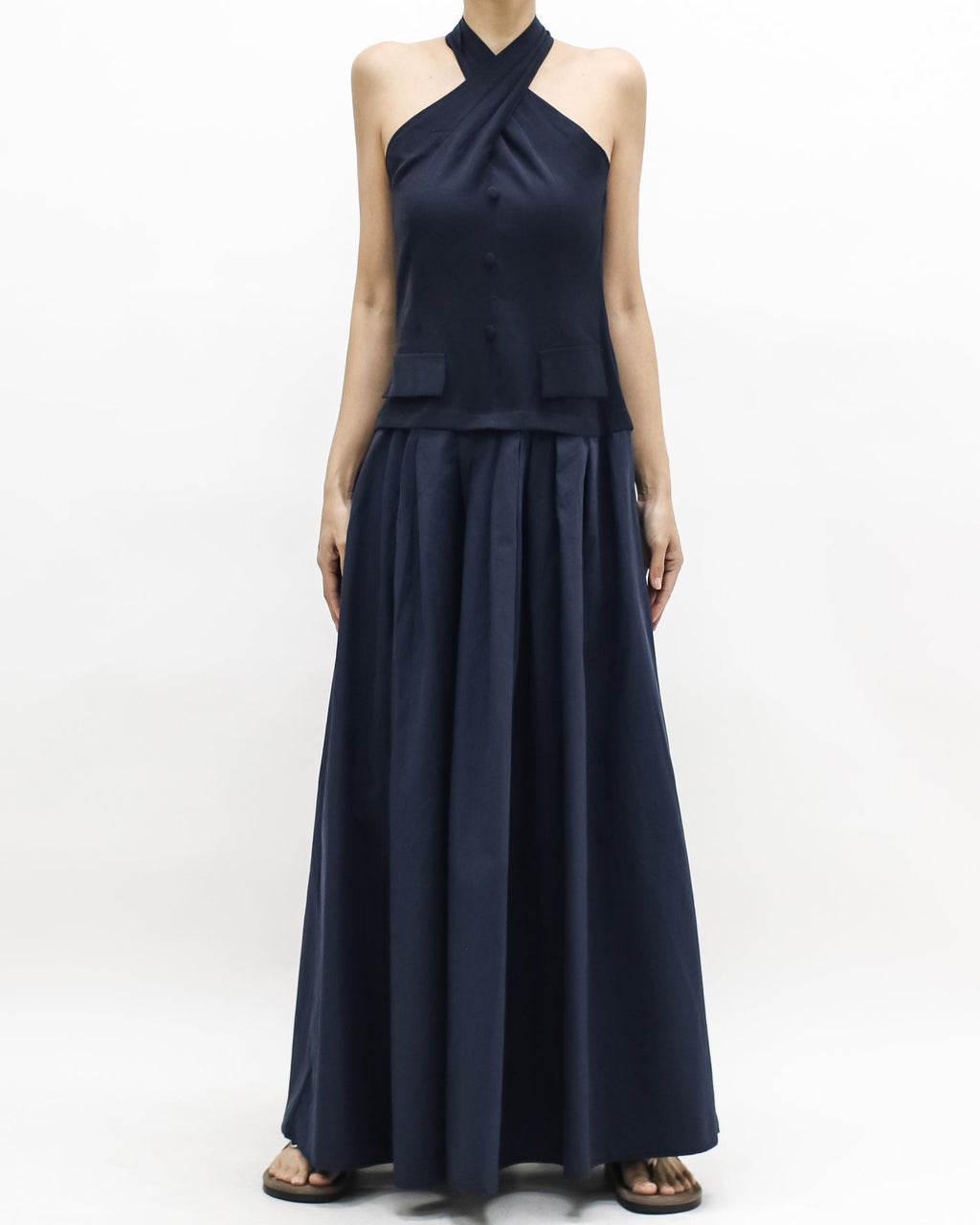 navy halter neck flare shirt longline dress *pre-order*