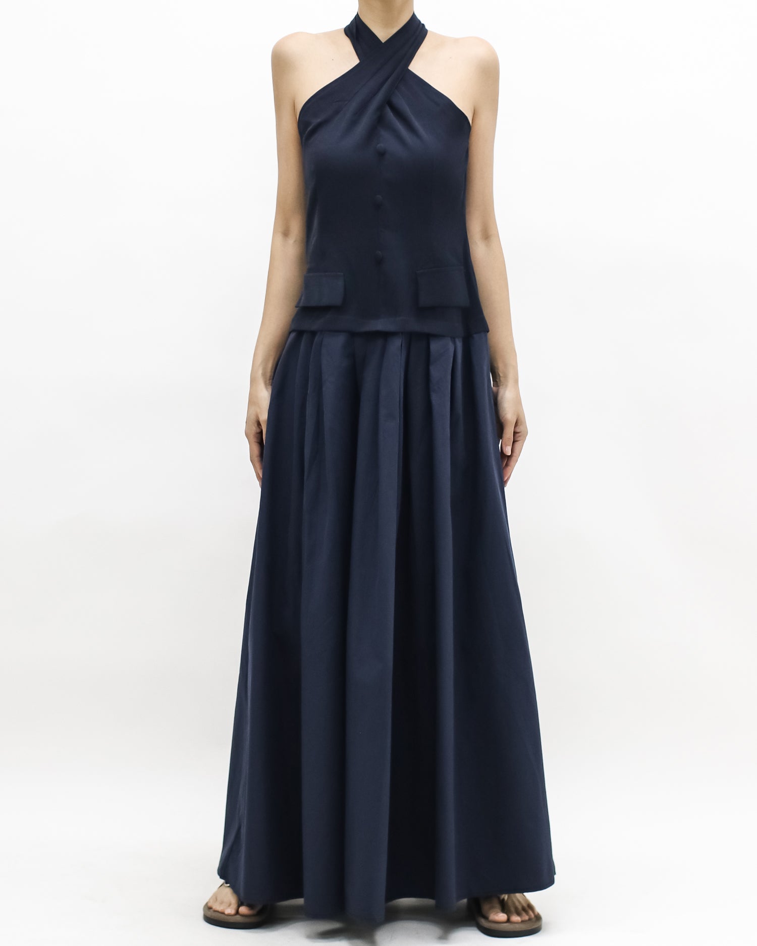 navy halter neck flare shirt longline dress *pre-order*