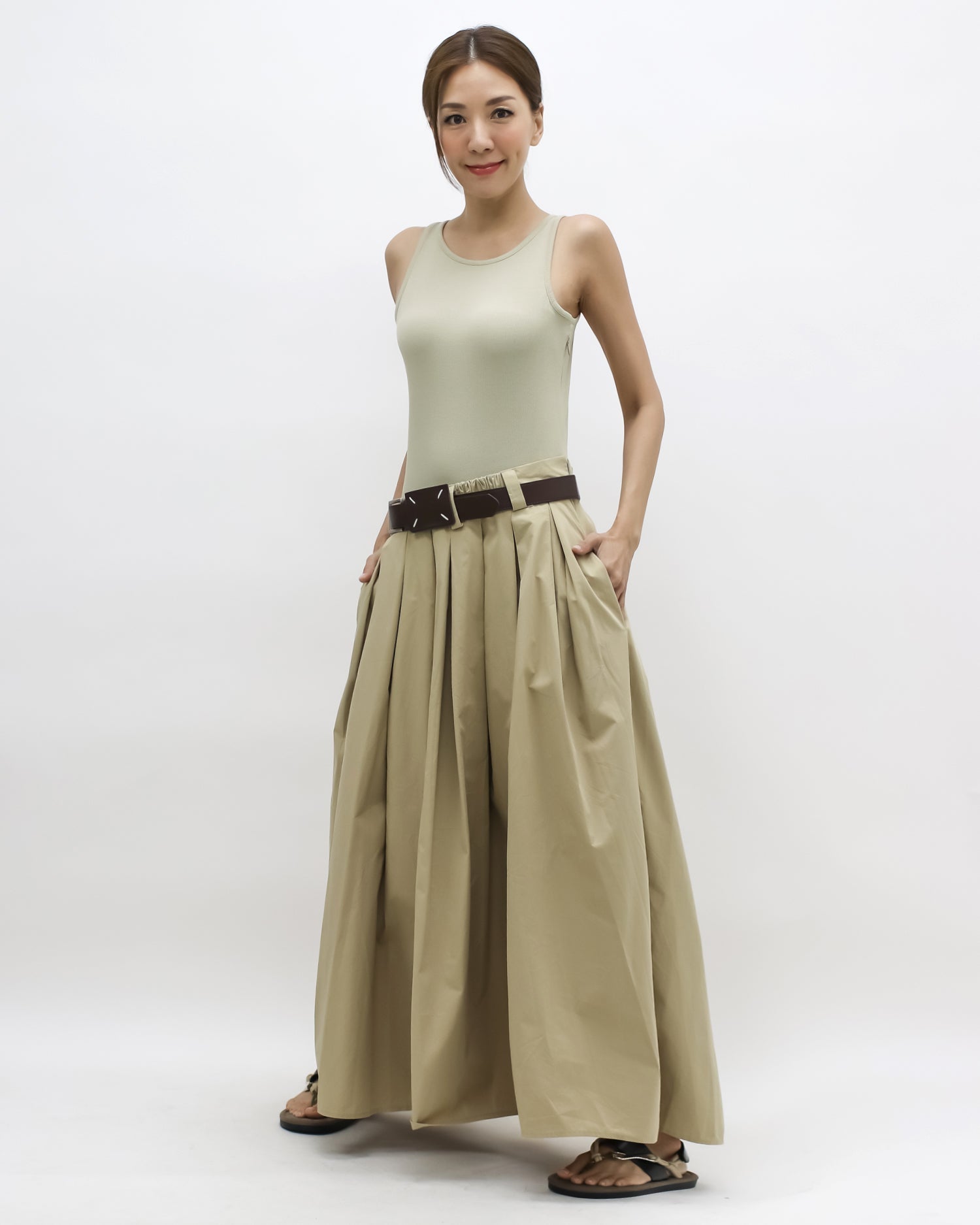 beige jersey vest & flare longline dress w/ belt *pre-order*