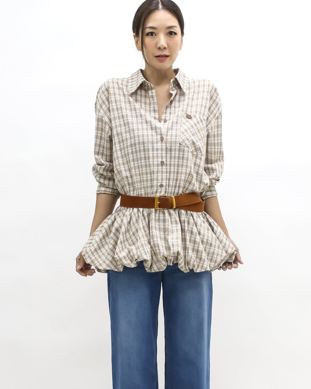 brown & ivory checker bubble hem shirt w/ belt *pre-order*