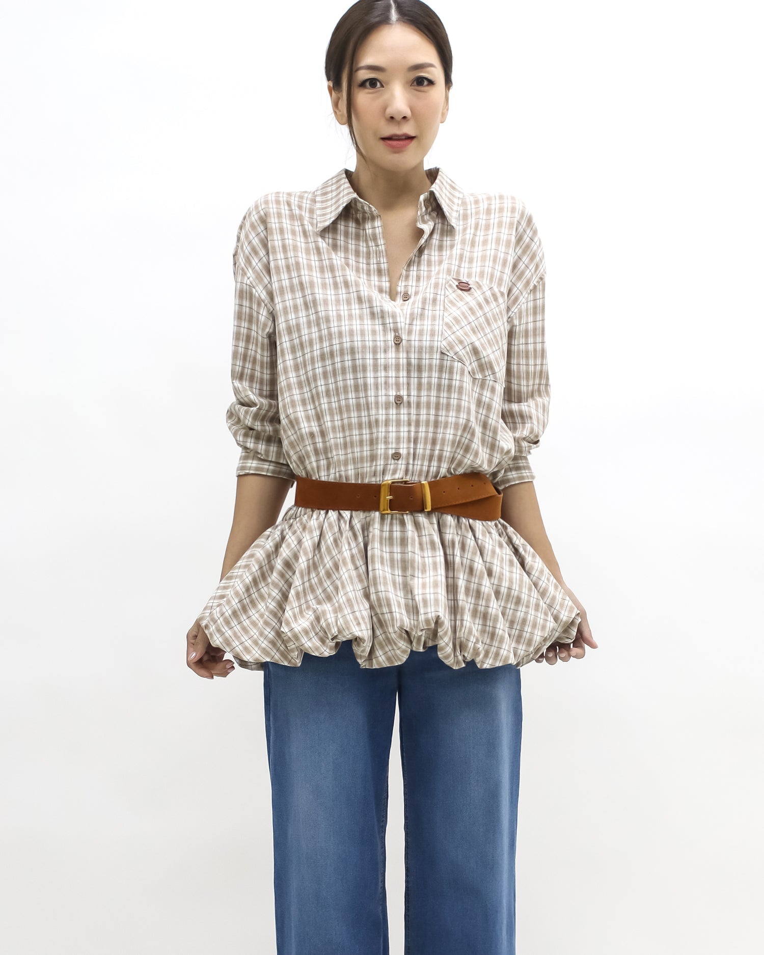 brown & ivory checker bubble hem shirt w/ belt *pre-order*
