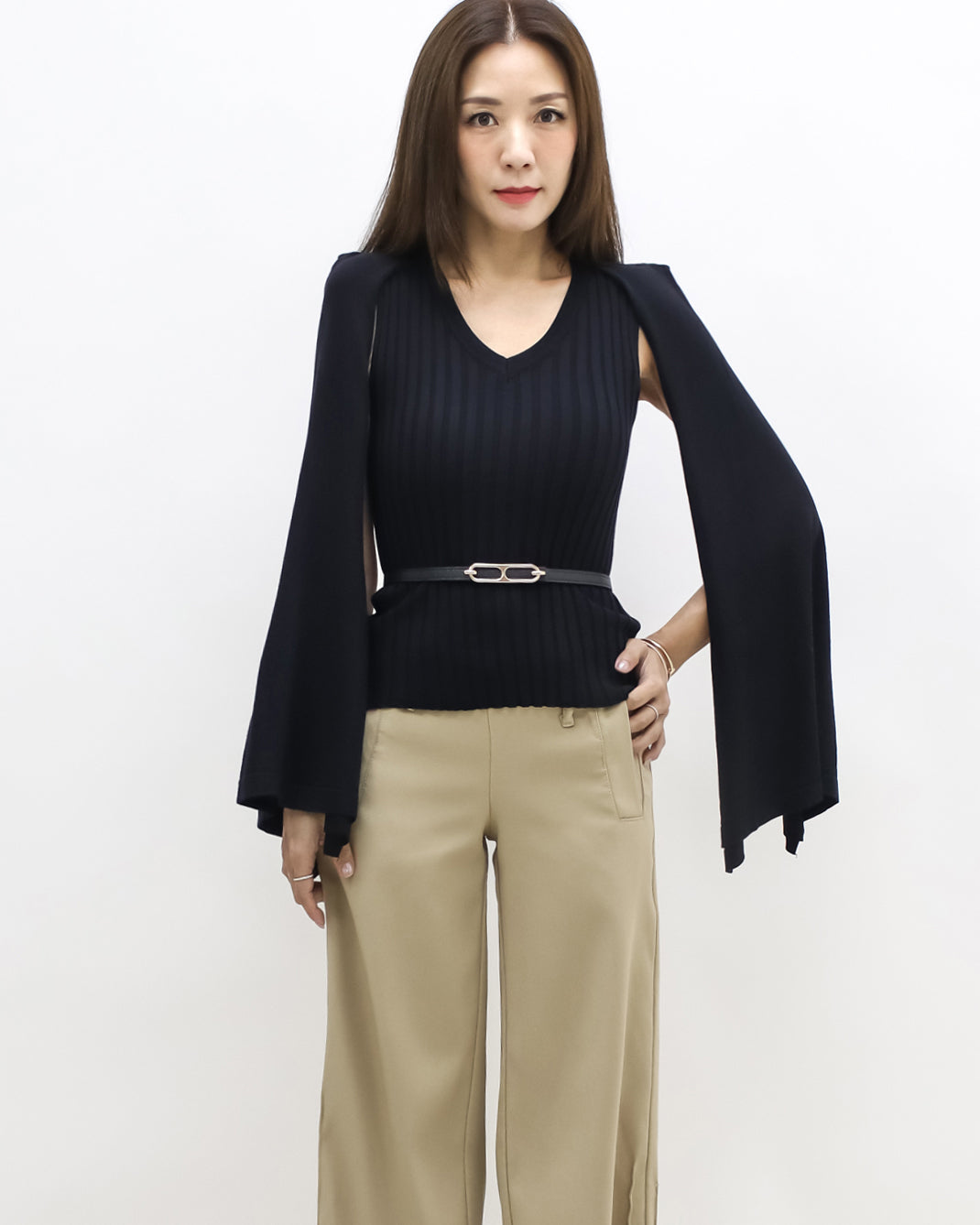 black cape knitted top w/ belt